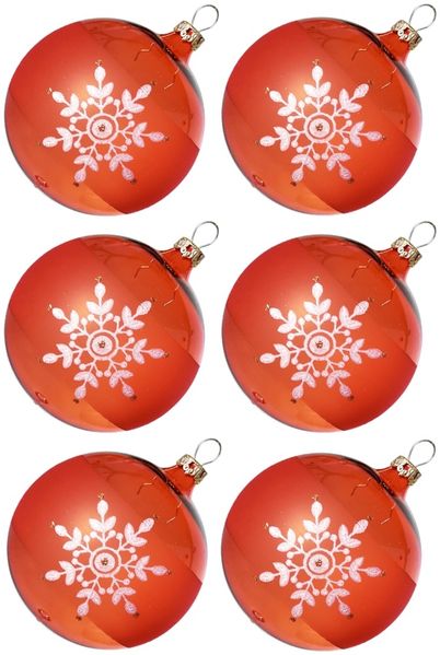 Weihnachtskugeln Set, 6 orange Kugeln Ø 8cm Kristallblüten, Thüringer Glas Weihnachtsschmuck