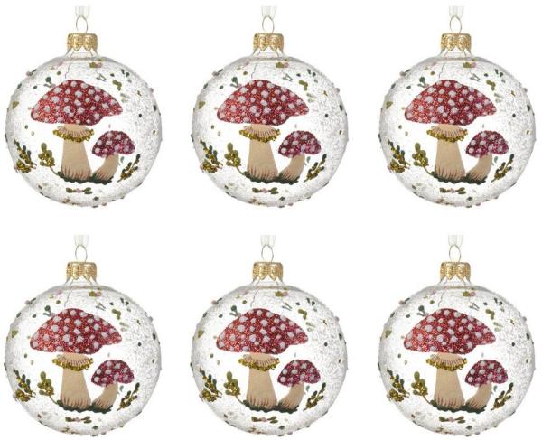 Decoris season decorations Weihnachtsbaumkugel, Weihnachtskugeln Glas 8cm Pilz Motiv mundgeblasen 6er Set Transparent