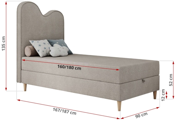 Kinderbett FLOW, Boxspringbett für Kinder, mit hohem Kopfteil, Einzelbett mit Matratze - 90x180 - Beige Stoff - Topper Visco Bild 6