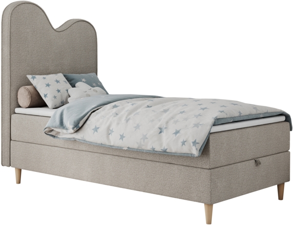 Kinderbett FLOW, Boxspringbett für Kinder, mit hohem Kopfteil, Einzelbett mit Matratze - 90x180 - Beige Stoff - Topper Visco Bild 4