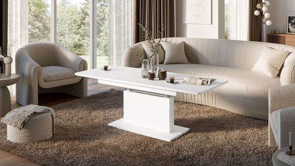designimpex Couchtisch DC-1 Weiß matt stufenlos höhenverstellbar ausziehbar, Funktionstisch, Wohnzimmertisch, Tisch, Esstisch, Sofatisch