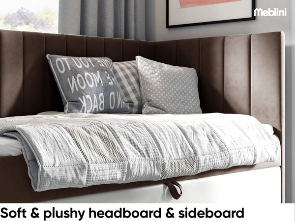 MEBLINI Kinderbett mit Bettkasten MAYA 3 80x200 Rechts – H3/Braun Samt Gepolstert Einzelbett mit Matratze - Polsterbett mit Stauraum - Bett mit Kopfteil – Stauraumbett Bild 3