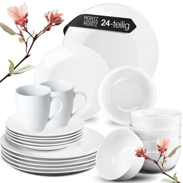 Moritz & Moritz Tafelservice BASIC Porzellan Geschirrset für 6 Personen mit Tassen (24-tlg), 6 Personen, Porzellan, Kombigeschirr für 6 Personen