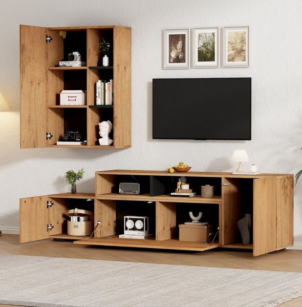 Merax Wohnwand, (2-St), Wohnwand-Set mit TV-Board und Standregal, in Holzfarbe & Schwarz