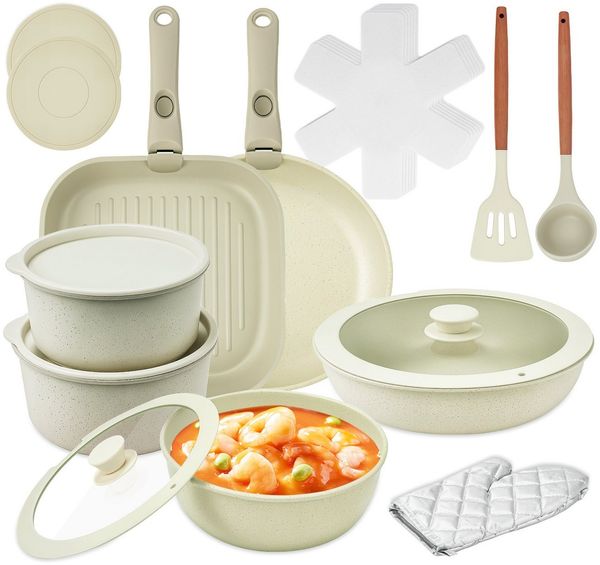 ElitVita Topf-Set Kochtopf set, mit Abnehmbarer Griff, Antihaft, Aluminiumguss, Aluminiumguss (Set, 23-tlg, 23-tlg.Ø20/26cm Pfanne, Ø26cm quadratische Backpfanne), mit Großer Löffel Spatel, für Alle Herdarten Backofenfest