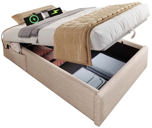 BlingBin Einzelbett Polsterbett (1-tlg, Struraumbett Bettgestell mit USB- C und Vollflächiger Lattenrost), 90×200 cm, Ohne Kopfteil, Leinen