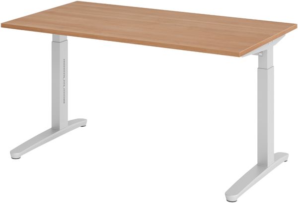 bümö manuell höhenverstellbarer Schreibtisch 140x80 in Nussbaum, Gestell in silber - PC Tisch höhenverstellbar & klein, höhenverstellbarer Tisch Büro, kleiner Computertisch verstellbar, X14-N-SS