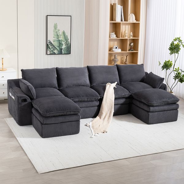 Modulares 4-Sitzer Sofa B 335 x T 167 x H 85 cm aus Cord mit 2 Hockern