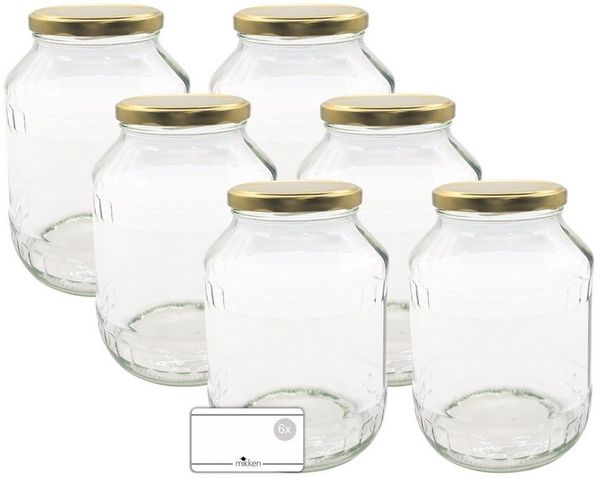 mikken Einmachglas 6 große Vorratsgläser 1700 ml, (Spar-Set, 6er Set Einkochgläser), mit Twist-Off Deckel TO89 und 6 Etiketten zum Beschriften