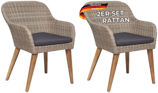 Gartenstuhl EGOS 2er Set Poly-Rattan 62,5x55x82 cm mit Polster Braun | Gartenstuhl Rattan Outdoorstühle Balkonstühle
