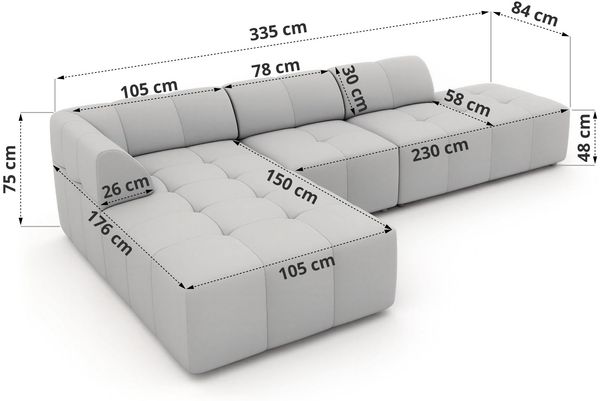 Modulares Ecksofa GRIDA 3M L Wohnlandschaft, Wellenfedern, gesteppte Sitzfläche, Wohnzimmer Sofa L-form - Beige Cord - Rechts Bild 5