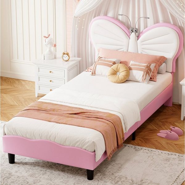 ADWOLT Polsterbett Kinderbett Bettgestell in Schmetterlingsform, Mit LED-Leseleuchte (Packung, 1-tlg, Jugendbett), 90x200 cm,Geeignet für Jugendliche und Kinder, Samtstoff - rosa
