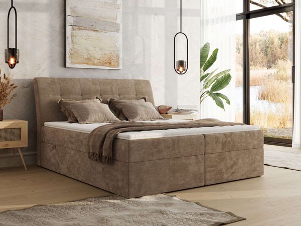 Boxspringbett DAGOS 160 x 200 cm mit Kopfteil, Lattenrost und Stauraum – Doppelbett mit Matratze & Topper T25 , stabile Konstruktion, Bettkasten, modernes Design - Braun Schenille glatt - H4