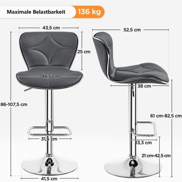 Yaheetech Barhocker (2er), Höhenverstellbare Barstühle Sitzhöhe 61 cm - 82,5 cm Sitzhocker Bild 3