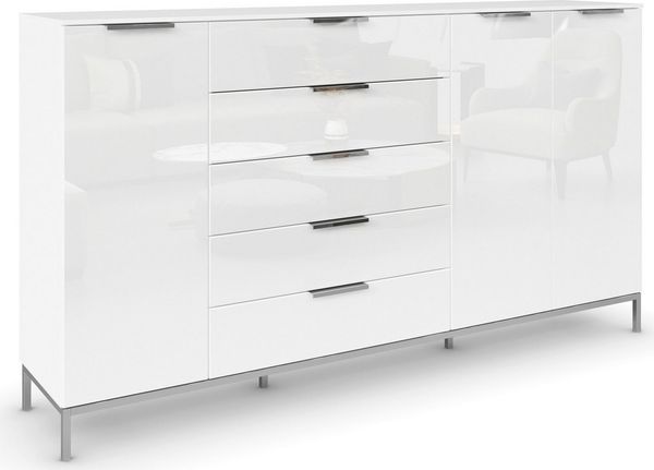 Rauch Möbel Flipp, Kommode mit Stauraum für Wohnzimmer, Schlafzimmer, Flur, 4 Fachböden, mit Metallkufe chrom, Alpinweiß/Glasfront Weiß, 3-türig, Glastüren, 5 Schubkästen, Griffe chrom, 199 x 111 x 42 cm