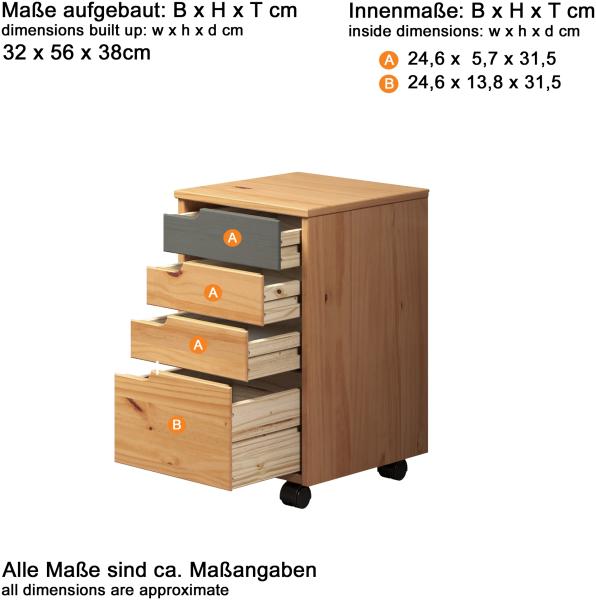 Mestre Rollcontainer Solid Pine Honig/Grau B/H/T: 32 / 57 / 38 cm