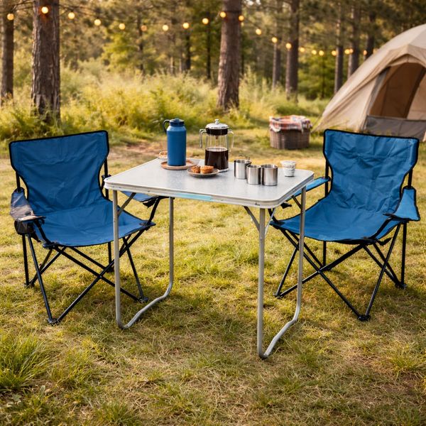 3-teiliges Campingmöbel Set XL Tisch Campingstühle/Anglerstühle Blau