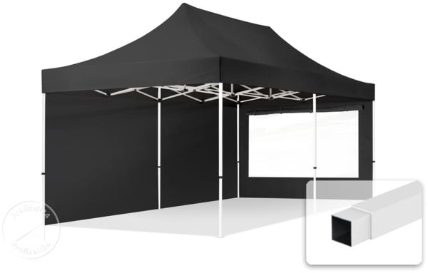 3x6 m Faltpavillon, ECONOMY Stahl 30mm, Seitenteile mit Panoramafenstern, schwarz