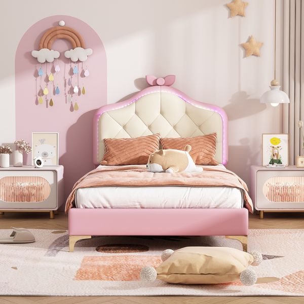 Polsterbett 90x200 cm mit LED-Beleuchtung und rosa Schleife – PU-Bezug, Kinderbett