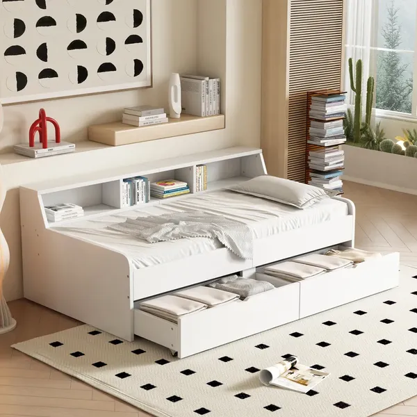 Jugendbett mit Regal, Lattenrost und Schubladen, 90x200 cm, Einzelbett, Massivholzbett