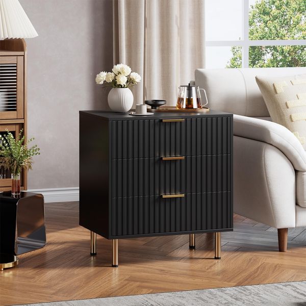 GarveeHome Nachttisch Mit Geriffelter Front, Kommode Mit 3 Schubladen, Beistelltisch Mit Metallgriffen Und Metallbeinen, Für Schlafzimmer Und Wohnzimmer, 70 x 40 x 76 cm