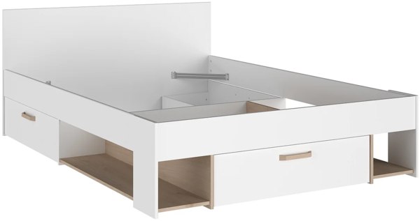Vente-unique - Bett 140 x 190/200 cm mit Stauraum - Weiß & Holzfarben + Bettgestell - KINSELIA Bild 2