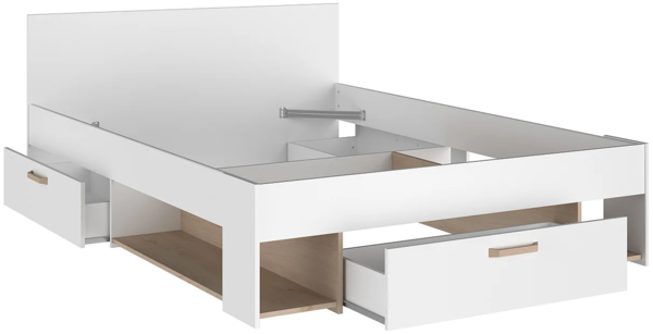 Vente-unique - Bett 140 x 190/200 cm mit Stauraum - Weiß & Holzfarben + Bettgestell - KINSELIA Bild 5