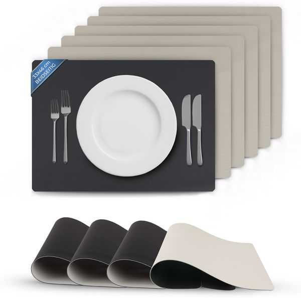 Platzset Lederimitat Schwarz/Hellgrau (Uni) 6er Set