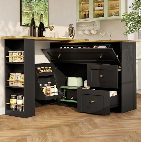 Ausziehbarer Bartisch mit Snackregal 138-204x39x105 cm, schwarz, 360° drehbar, mit 2 Klappschubladen