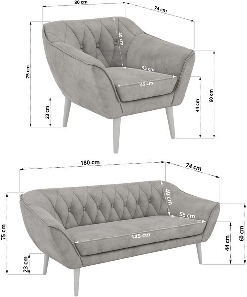 Wohnzimmerset, Möbelset PIRS 3-3-1, Armlehnen, Wellenfederung, weiße Füße, Dreisitzer Sofas mit Sessel, Polstermöbel Set - Hellgrau Velvet Bild 5