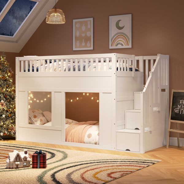 Kinderbett, Etagenbett (90 x 200 cm), Hochbett, multifunktionales Kinderbett mit Treppenschrank, umbaubarer Spielraum darunter, ohne Matratze, Weiß