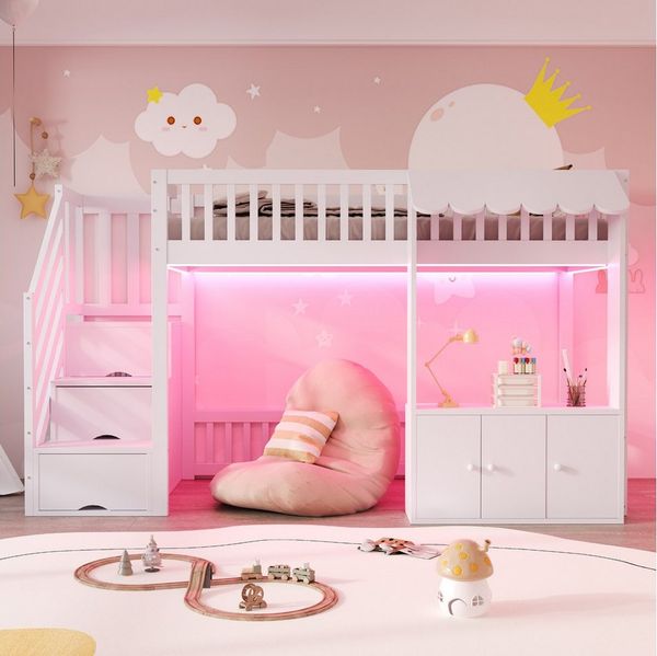 REDOM Hochbett mit Stauraumtreppe und Stauraumschrank (mit LED-Lichtleiste in mehreren Farben, Lattenrost, Traufendesign, Kinderbett Einzelbett, 90x200 cm) ohne Matratze
