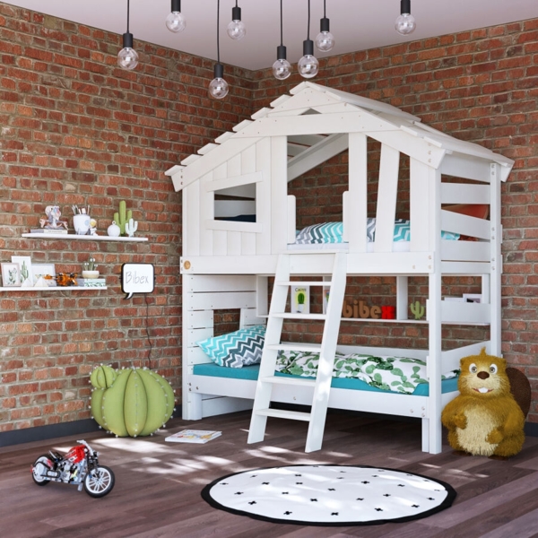 BIBEX ‘Alpin Chalet‘ Hochbett mit Unterbett und Regal, massive Kiefer, weiss, 90 x 200 cm