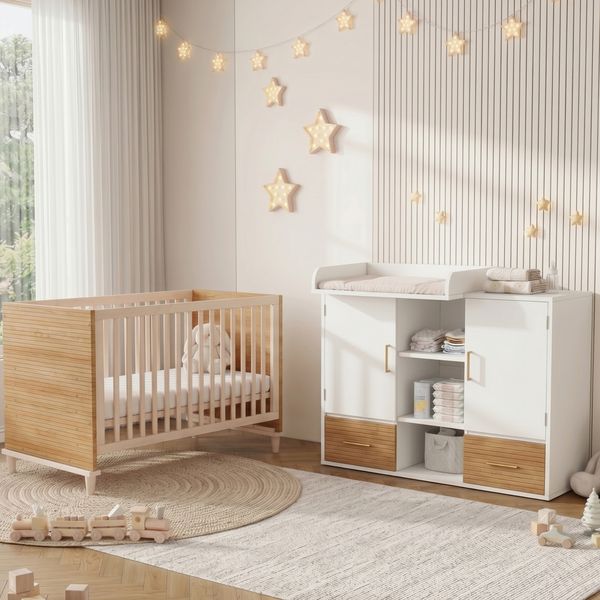 Merax Wickeltisch & Gitterbett Set, Babyzimmermöbel, Kinderzimmermöbel, Baby-Wickeltisch (114 x 53 x 92 cm), Wickelablage, abnehmbares Wickelgeländer, Babybett (70 x 140 x 87 cm), natur