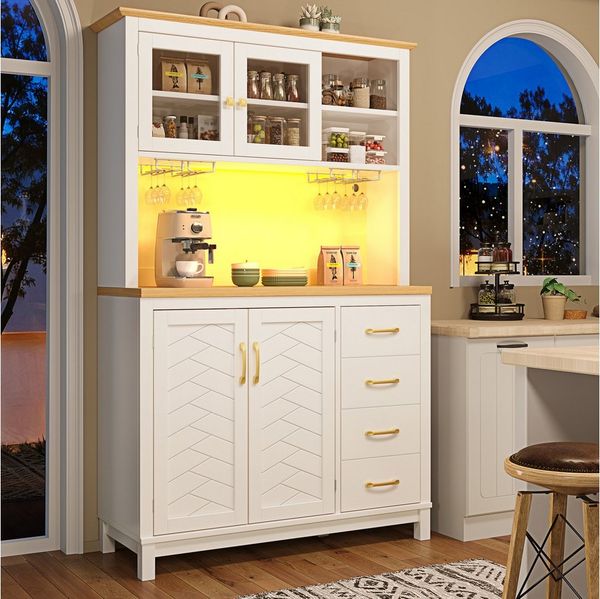 Odikalo Küchenbuffet Küchenschrank Buffetschrank mit LED, Landhausstil (105.5 x 40 x 180 cm, 4 Türen, mit LED-Lichtleiste & Getränkehaltern)