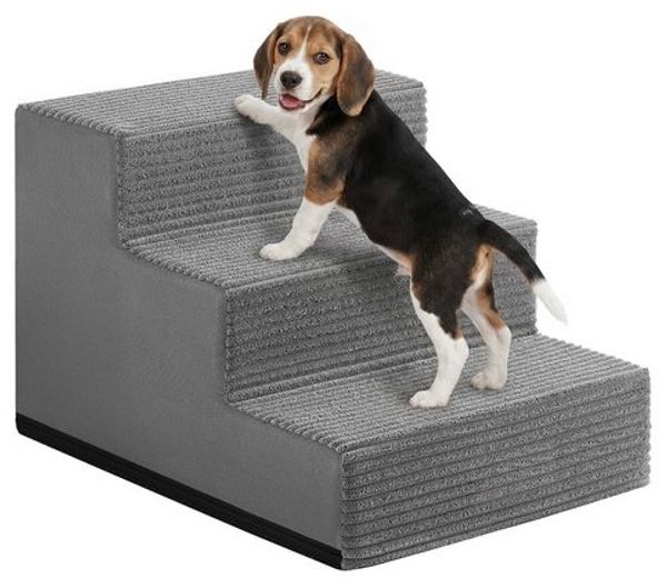 FEANDREA Hundetreppe für Kleine Hunde, 3 Stufen Waschbare Katzentreppe aus Schaumstoff für Sofa, 46 x 40 x 33 cm, Grau