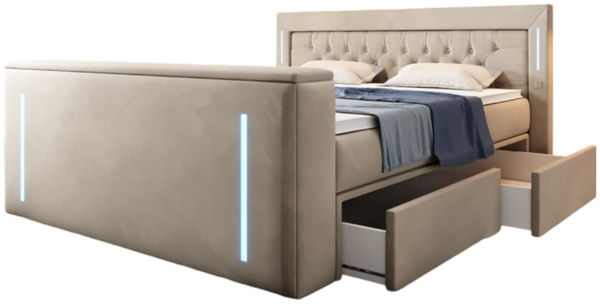 Boxspringbett Divaneo mit TV Lift und Stauraum (2 Schubladen) 160x200 Beige H4 (100kg+)