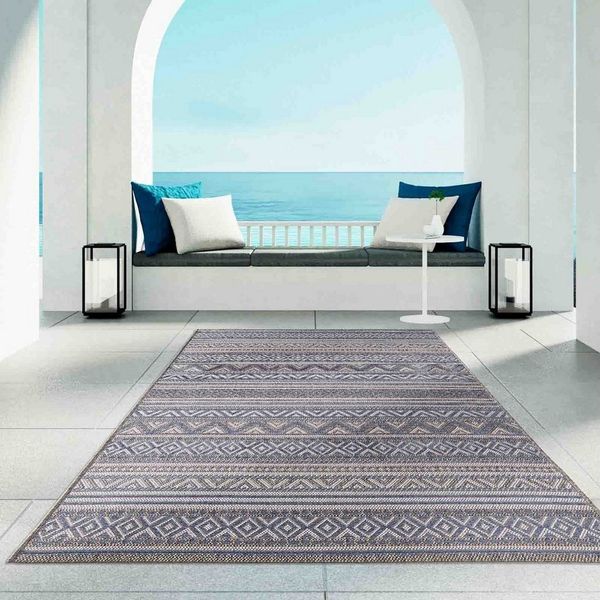 TaraCarpet Teppich Regina Teppich aus robustem Flachgewebe für In und Outdoor, rund, Höhe: 7 mm, Küche Wohnzimmer Terrasse Garten Balkon Boho blau 160x160