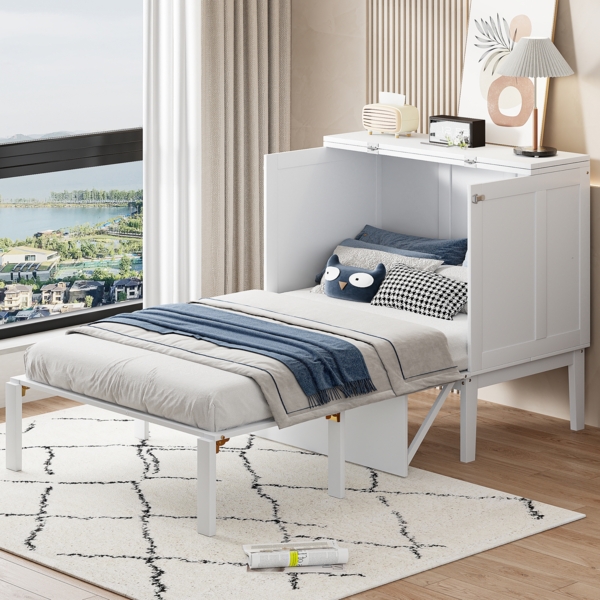 Wandklappbett 90x200 cm vertikal, Hochschrank-Design in Weiß mit Lattenrost und viel Stauraum