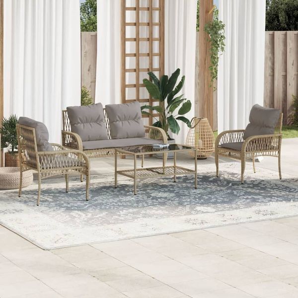 vidaXL 4-tlg. Garten-Sofagarnitur mit Kissen Beige Poly Rattan 368731