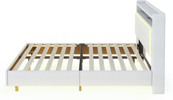 Polsterbett 140×200 cm in Leinenbeige mit USB-Steckdose und LED-Beleuchtung, versteckte Füße,Beige Bild 8