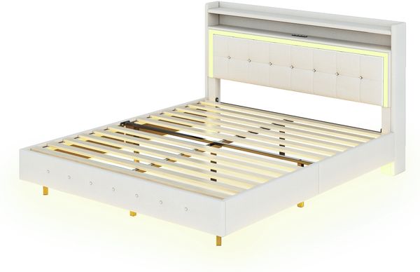 Polsterbett 140×200 cm in Leinenbeige mit USB-Steckdose und LED-Beleuchtung, versteckte Füße,Beige Bild 6