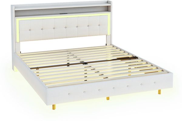 Polsterbett 140×200 cm in Leinenbeige mit USB-Steckdose und LED-Beleuchtung, versteckte Füße,Beige Bild 9
