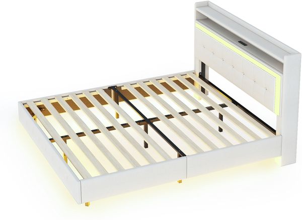 Polsterbett 140×200 cm in Leinenbeige mit USB-Steckdose und LED-Beleuchtung, versteckte Füße,Beige Bild 5