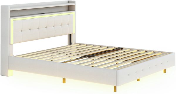 Polsterbett 140×200 cm in Leinenbeige mit USB-Steckdose und LED-Beleuchtung, versteckte Füße,Beige Bild 10