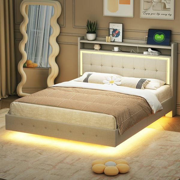 Polsterbett 140×200 cm in Leinenbeige mit USB-Steckdose und LED-Beleuchtung, versteckte Füße,Beige