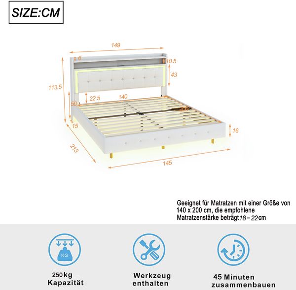 Polsterbett 140×200 cm in Leinenbeige mit USB-Steckdose und LED-Beleuchtung, versteckte Füße,Beige Bild 4