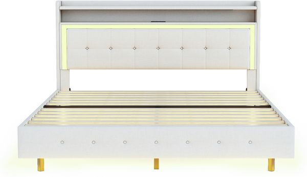 Polsterbett 140×200 cm in Leinenbeige mit USB-Steckdose und LED-Beleuchtung, versteckte Füße,Beige Bild 7