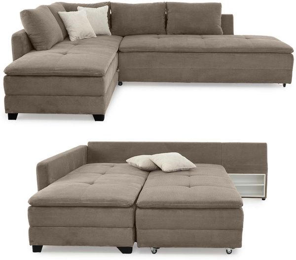 Ecksofa-Dauerschläfer Doppelbett Federkern Bettkasten Couch in Cord Braun Taupe
