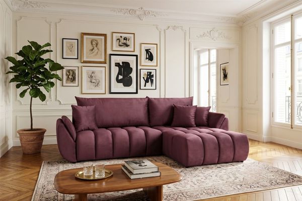 Ecksofa Schlafsofa Sofa COLLIN in Stoff Monolith Weinrot Ottomane Rechts